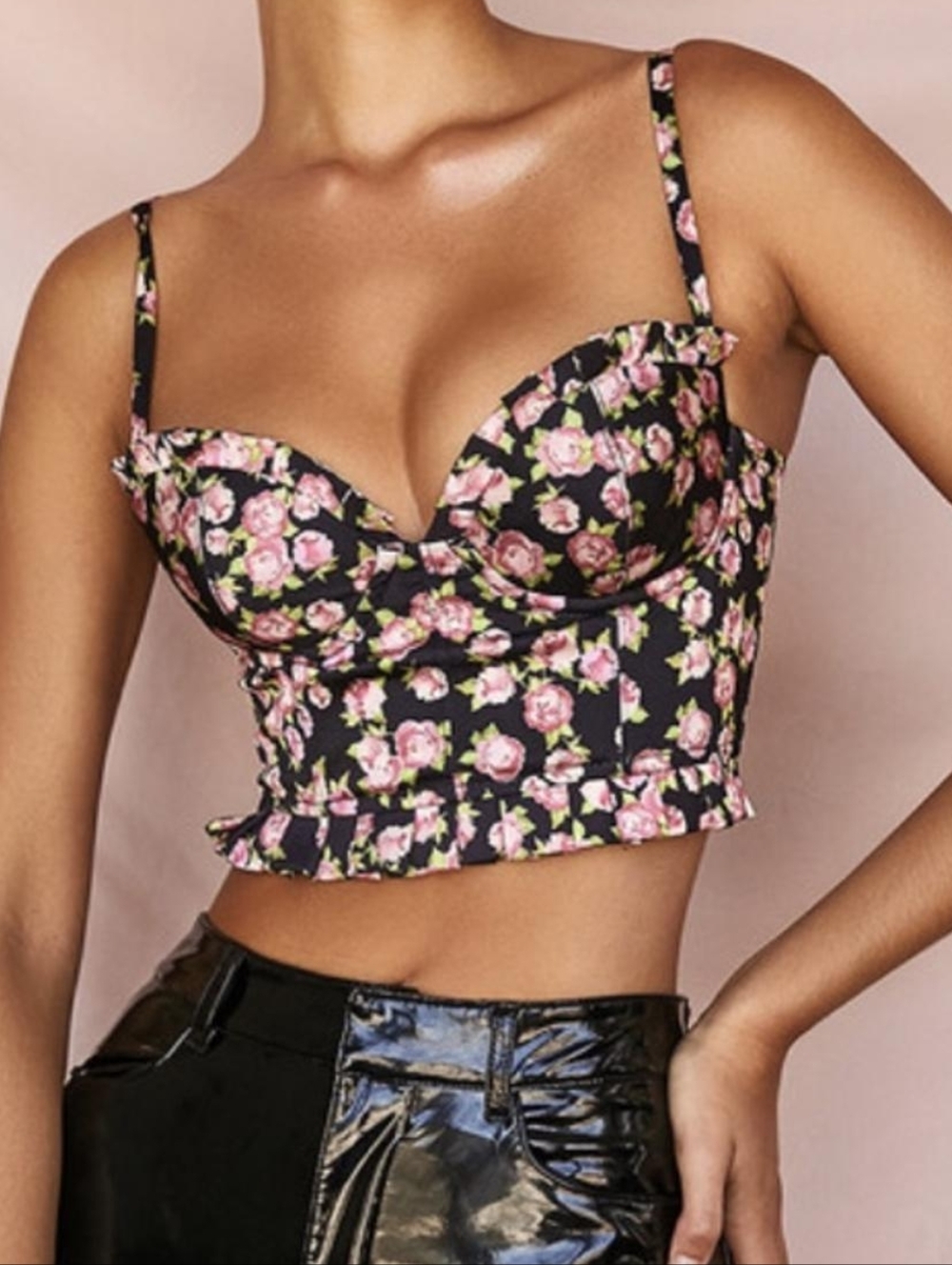 House Of CB Satin Daisy Floral Bustier Crop Top - Black with Pink Roses